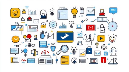 Aufkleber - Clean line style icons symbolizing various marketing partnerships sponsorships and social media connections for business corporate branding and digital advertising