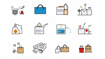 Aufkleber - A set of thin line icons representing various business transaction concepts such as agreement purchase and donation  The icons have a clean minimalist style design