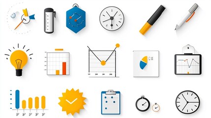 Aufkleber - Minimalist line icon set depicting essential productivity tools and concepts including growth charts time management and workflow optimization in a clean style