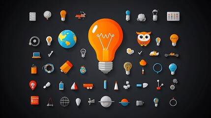 Aufkleber - featuring a set of creative knowledge and intelligence symbols including a light bulb owl and globe representing concepts of creativity genius and learning