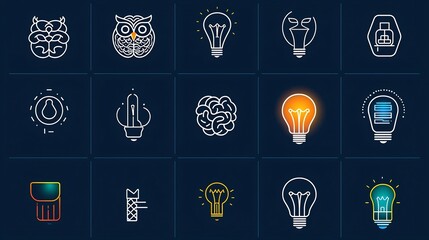 Poster - Minimalist Depicting the Symbols of Creative Intelligence   an Owl a Brain and a Light Bulb  Representing Wisdom Intellect and Innovative Thinking