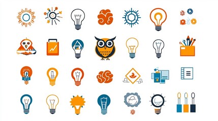 Aufkleber - Minimalist depicting a conceptual icon design featuring an owl brain and lightbulb symbolizing creative intelligence innovative thinking and the power of the mind