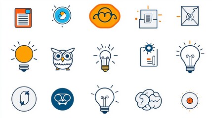 Fototapete - Minimalist of a Collection of Creative Intelligence Icons Featuring an Owl Brain and Light Bulb as Symbols of Innovative Thinking Imagination and Innovative Solutions