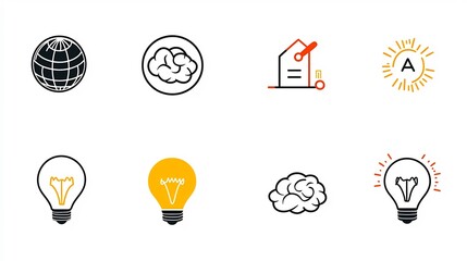 Poster - Simplistic line icons symbolizing the process of genius ideas clever thinking and innovative solutions  The design features a globe light bulb and brain shapes in a clean modern style