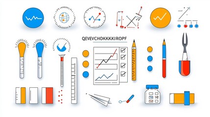 Aufkleber - Thin line icon set depicting essential elements for business evaluation including inspection and reporting symbols