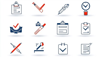 Aufkleber - Collection of control icons featuring a checklist review and inspection symbols in a simple line design  These graphic elements represent the processes of evaluation verification and assurance