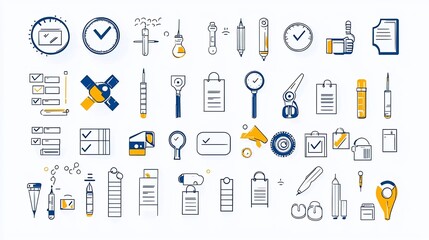 Aufkleber - Collection of control icons featuring checklist review and inspection symbols represented in a simple line design style  These graphic elements can be used for process management auditing testing