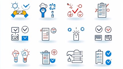 Aufkleber - Icon set designed for evaluation and process improvement  Includes symbols for checklist testing and review in a minimal vector style  Useful for business technology and assurance applications