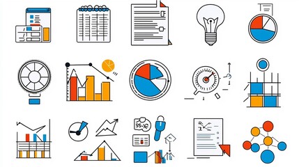 Fototapete - A set of thin line icons representing various elements related to survey report data analysis and business information  The icons have a clean minimalist and modern design style