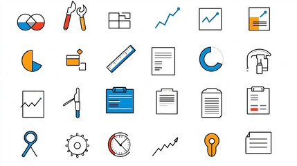 Fototapete - A collection of abstract minimal line icons and design elements representing various document and evaluation concepts such as statistics reports inspections analytics and monitoring