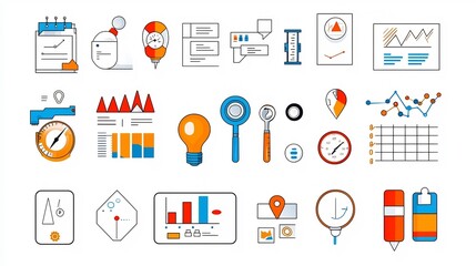 Aufkleber - of clean icons representing business data inspection survey and reporting tools  Symbols for growth progress audit intelligence and optimization