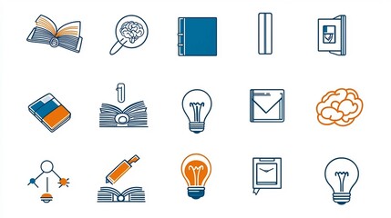 Aufkleber - Minimalist line art icons symbolizing the core elements of knowledge learning and education   a book a brain and a light bulb  This simple conveys the ideas of intelligence creativity