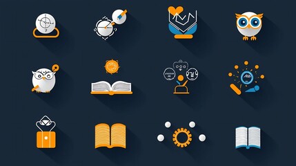 Aufkleber - Minimalist thin line icons featuring book owl and idea symbols representing the concepts of knowledge discovery learning and intellectual pursuit