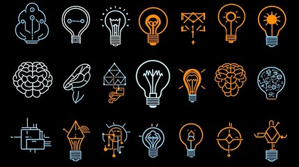 Fototapete - Collection of icons representing clever thinking and genius with symbols for light bulb globe and brain in a design