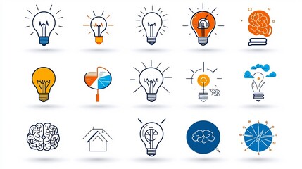 Fototapete - Minimalist icon set featuring light bulb brain and imagination symbols to represent the concepts of genius intelligence creativity and problem solving  Thin line design in a modern flat style