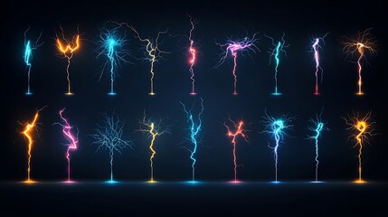 Leinwandbilder - Vivid multicolored electrical sparks and lightning like discharges branching and flowing in an abstract futuristic pattern on a transparent background  This dynamic
