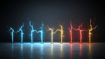 Poster - Colorful and intense electrical sparks with sharp branching patterns emitting a glowing high energy effect on a transparent background for modern digital designs and