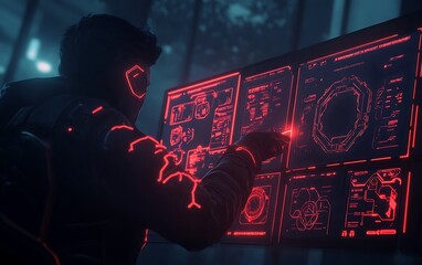 Poster - A futuristic figure interacts with glowing red interfaces, surrounded by a dark, high-tech environment, suggesting advanced technology and cybernetic themes.