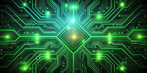 Poster - Abstract Circuit Board Design Featuring Glowing Green Lines with Dynamic Patterns and Depth for Technology and Innovation Themes in Digital Art Backgrounds