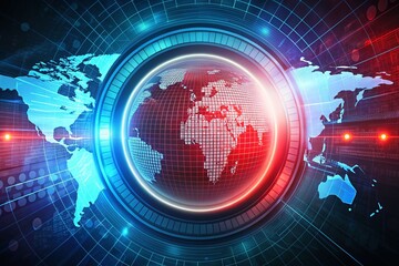 Poster - Abstract Digital Illustration of Round Technology Interface Concept with World Map and Binary Code Background Highlighted by Red Light Spot for Creative Projects
