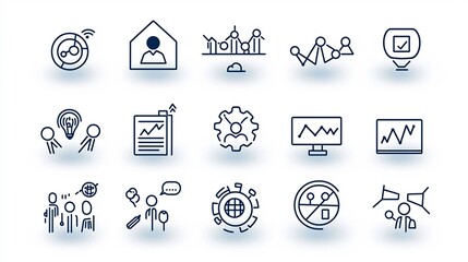 Aufkleber - Outline icon set of 15 versatile business related elements covering marketing networking leadership and team building designed in a style with editable strokes for flexible use