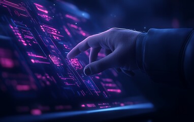 Leinwandbilder - A close-up of a hand interacting with a glowing, high-tech interface featuring vibrant, digital elements and intricate patterns.
