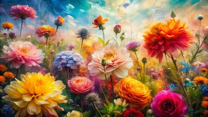 Poster - Abstract Double Exposure Photography of Hand-Drawn Flowers in Impressionism Style with Colorful Brush Strokes and Textured Art Background for Creative Visuals