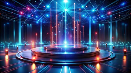 Poster - Abstract Futuristic Podium with Glowing Lights and Network Effect for Modern Technology Presentations and Events, Perfect for Digital Marketing and Creative Concepts