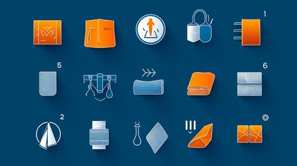 Poster - set of 15 simple minimalist linear icons representing various fabric attributes and qualities like w