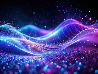 Poster - Abstract Glowing Wave of Particles in Vibrant Purple and Blue Hues Creating a Futuristic Dynamic Digital Landscape with Long Exposure Effects Against a Dark Background