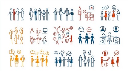 Aufkleber - Collection of business icons illustrating human interactions group participation organizational structure and audience engagement  Thin line design with minimal simple and abstract graphic elements