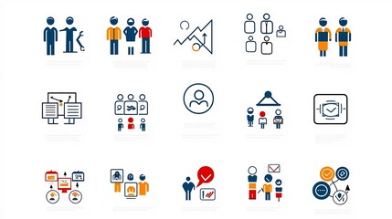 Leinwandbilder - Minimalist icon set depicting the elements of collaborative group dynamics team organization and community engagement  Showcasing icons for participants teams and community members in a clean