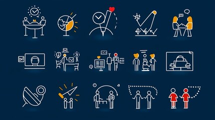 Leinwandbilder - Streamlined icons depicting various team and group activities including members audiences and organizational roles  The minimalist thin line style conveys a professional modern