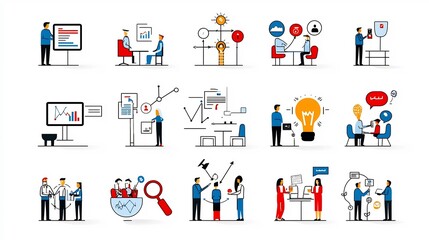 Aufkleber - Thin Line Icons Depicting Team and Group Activities Featuring Members Audiences and Organizational Roles in a Collaborative Setting