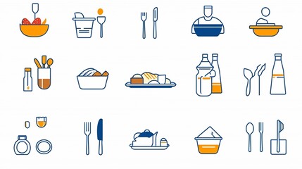 Poster - A set of elegant thin line icons illustrating various elements of the dining service experience including a waiter serving tray cutlery plates glasses and other tableware items