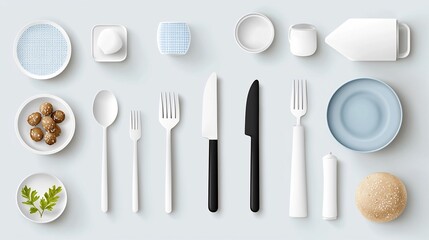 Poster - Minimalist Collection of Tableware Icons including Fork Knife Spoon and Dining Table Setup for Restaurant Cafe or Dining Room Decor