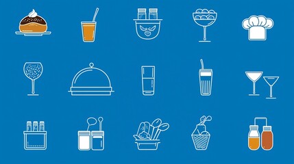 Poster - Comprehensive set of catering icons featuring various food and beverage symbols including a chef s hat and cloche presented in a clean minimalist style