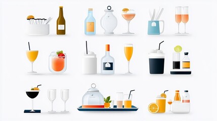 Poster - Catering Essentials Icon Set Featuring Beverages Cloche Tray and Elegant Dining Table Setup in Style  Includes Icons for Food Service Restaurant Hotel and Hospitality Industry