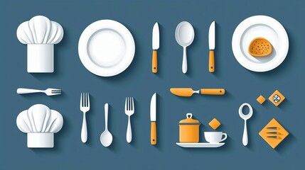 Poster - depicting a collection of tableware icons and accessories for a restaurant setting including a plate fork knife spoon cloche and chef hat showcasing the essential elements for dining and food service