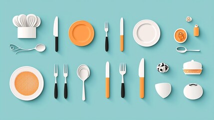 Poster - Collection of Tableware Icons Featuring Plate Fork Knife Spoon Cloche and Chef Hat for Restaurant Catering and Culinary Settings