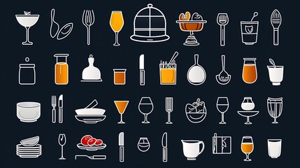 Poster - Thin line icon set depicting a variety of restaurant and catering essentials including cloche food plate and tableware presented in a minimalist style
