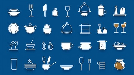 Poster - Sleek and Minimalist Depicting a Set of Restaurant and Catering Icons in a Thin Line Style Including Cloche Food Plate and Tableware Elements