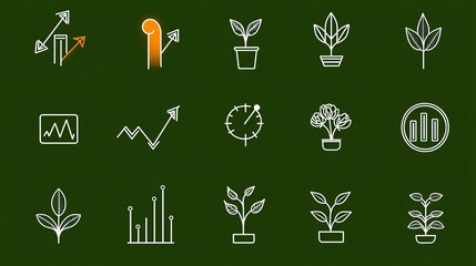 Aufkleber - Set of 15 minimal and clean outline icons representing various growth concepts including upward trending arrows bar graphs and plant symbols  These editable graphics can be used for business finance