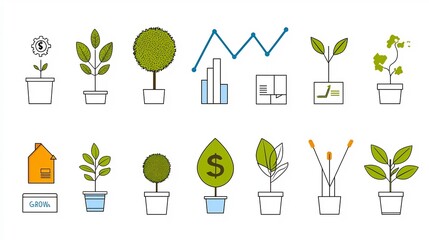 Poster - Outline Icon Set of 15 Growth Related Concepts Including Milestones Upward Trends and Financial Growth Visualizations in Editable Style