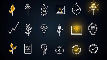Aufkleber - Set of 15 growth icons in outline style featuring rising graph lines seedling symbols and achievement badges  Editable stroke ideal for infographics business analytics and progress visualization