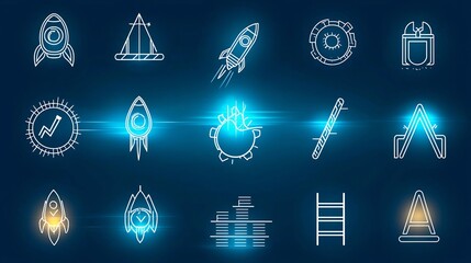 Fototapete - Outline icon set featuring 15 symbols representing growth development and progress concepts including rocket icons ladder steps and progress bars