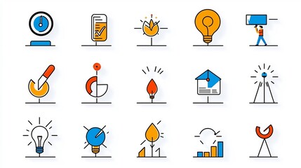 Poster - Collection of 15 minimalist outline style icons focusing on themes of career progression goal tracking and personalprofessional achievement  The design elements convey concepts of growth development