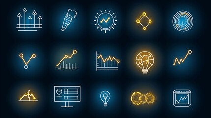 Fototapete - Set of 15 thin line icons for growth metrics featuring charts productivity symbols and success markers  Ideal for business finance data visualization analytics and information dashboard design