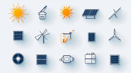 Poster - Set of 15 minimalist solar energy icons in an outline style featuring symbols for solar power storage and sun related elements  This editable is perfect for renewable energy industry green technology