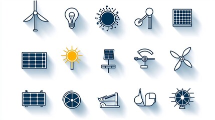 Poster - Comprehensive set of 15 linear icons showcasing various renewable solar energy systems sources and symbols  Depicting clean efficient and sustainable electricity from sunlight